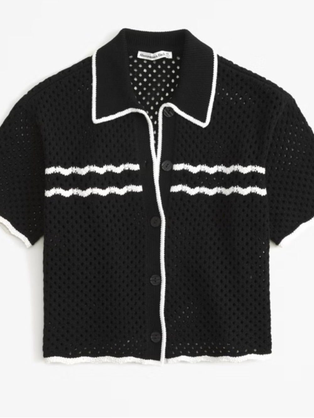 Abercrombie & Fitch Black Open-Knit Button Cardigan with White Trim